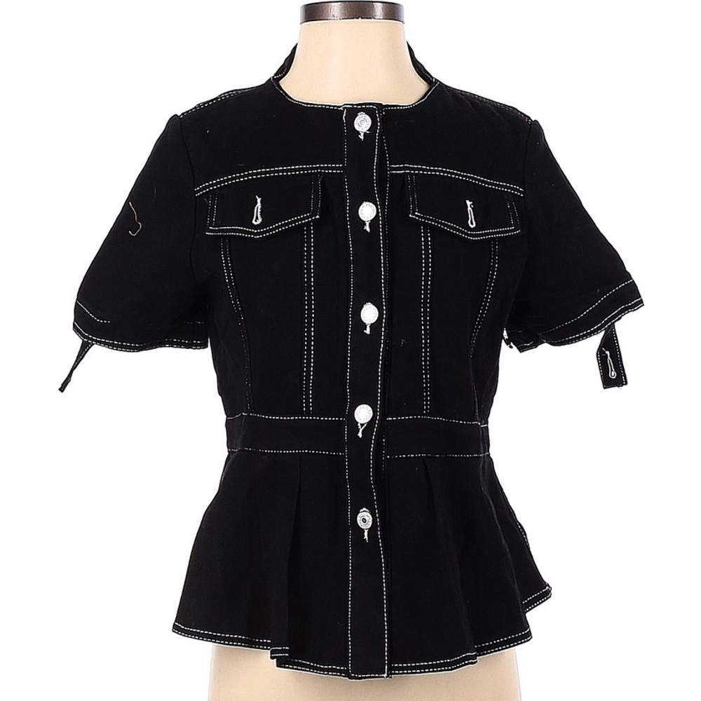 Black Denim Short Sleeve Top with white contrasting top stitching & flounce hem